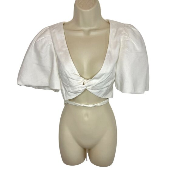 Jonathan Simkhai White Sadie Puff-Sleeve Wrap Crop Top NWT - Size L - Picture 2 of 8